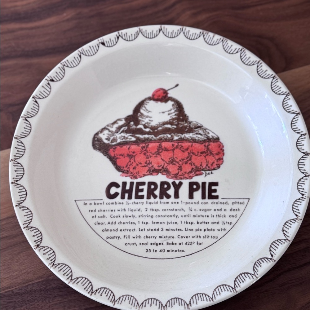 Cherry Pie Recipe Pie Dish 🍒 Ceramic Baking Plate • Vintage Kitchen Decor